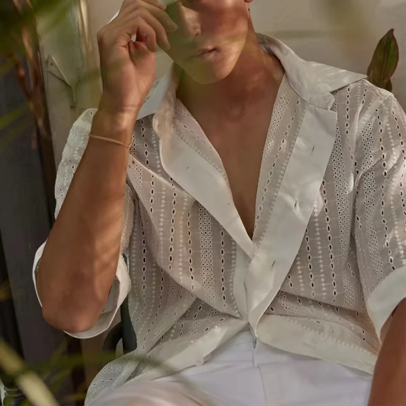 

2024 Cutout White Short Sleeve Shirt Summer New Shirt Men's Casual Loose Top
