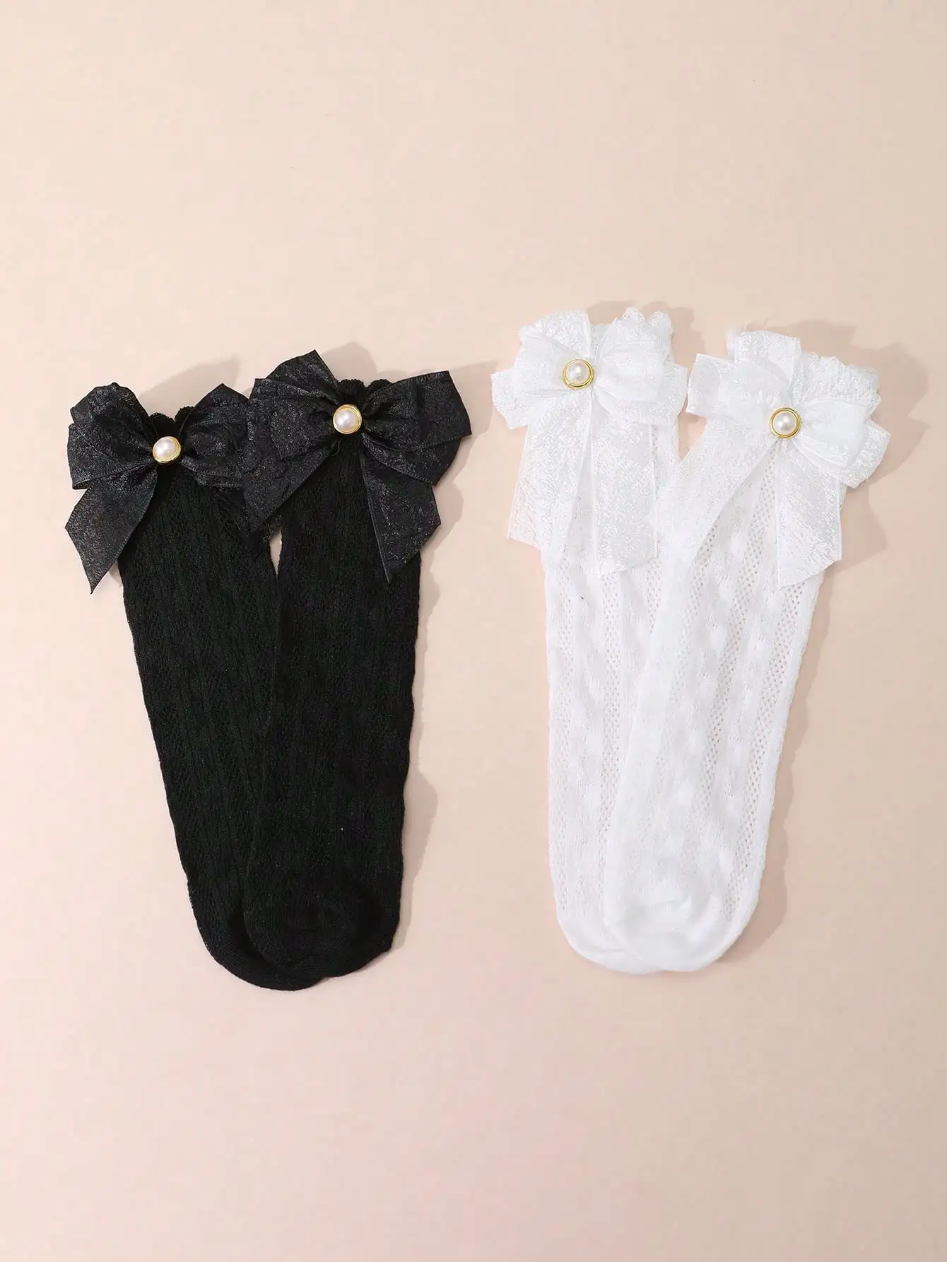 

2Pairs Toddler Girls Bow Lace Knee High Socks Breathable Mesh Princess Socks For School Uniform, Parties, Summer, Daily Wear