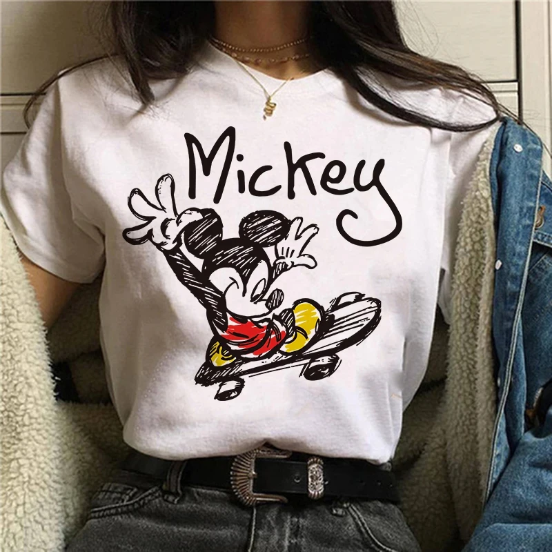 Mickey Tshirt Y2k Minnie Mouse Hat Print Cotton Comfort T-shirt Women Fashion T Shirt Female Clothes Kawaii Disney T Shirt