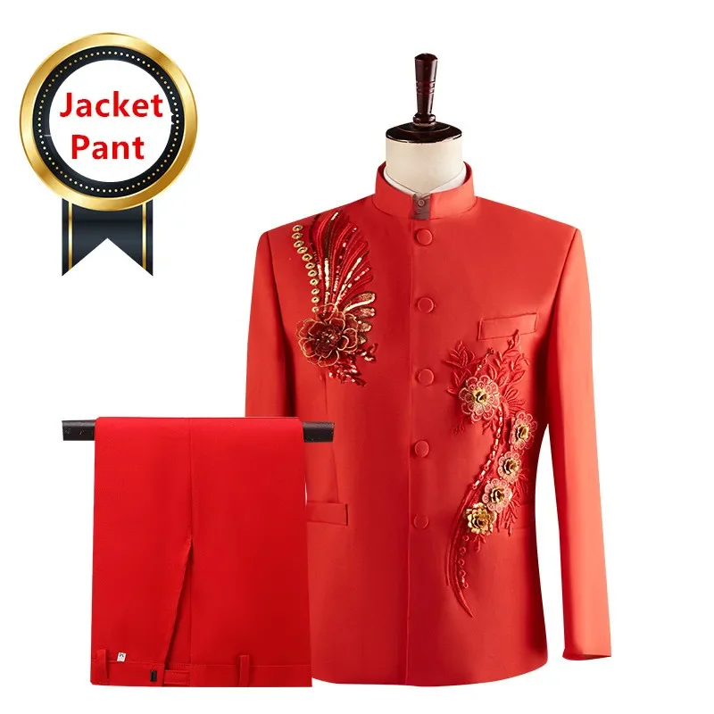 (سترة + بنطلون) أزياء الرجال مرحلة الأداء فستان الدعاوى 2025 جديد الذكور النمط الصيني الوقوف طوق ملصق مائي السترة وبنطلون