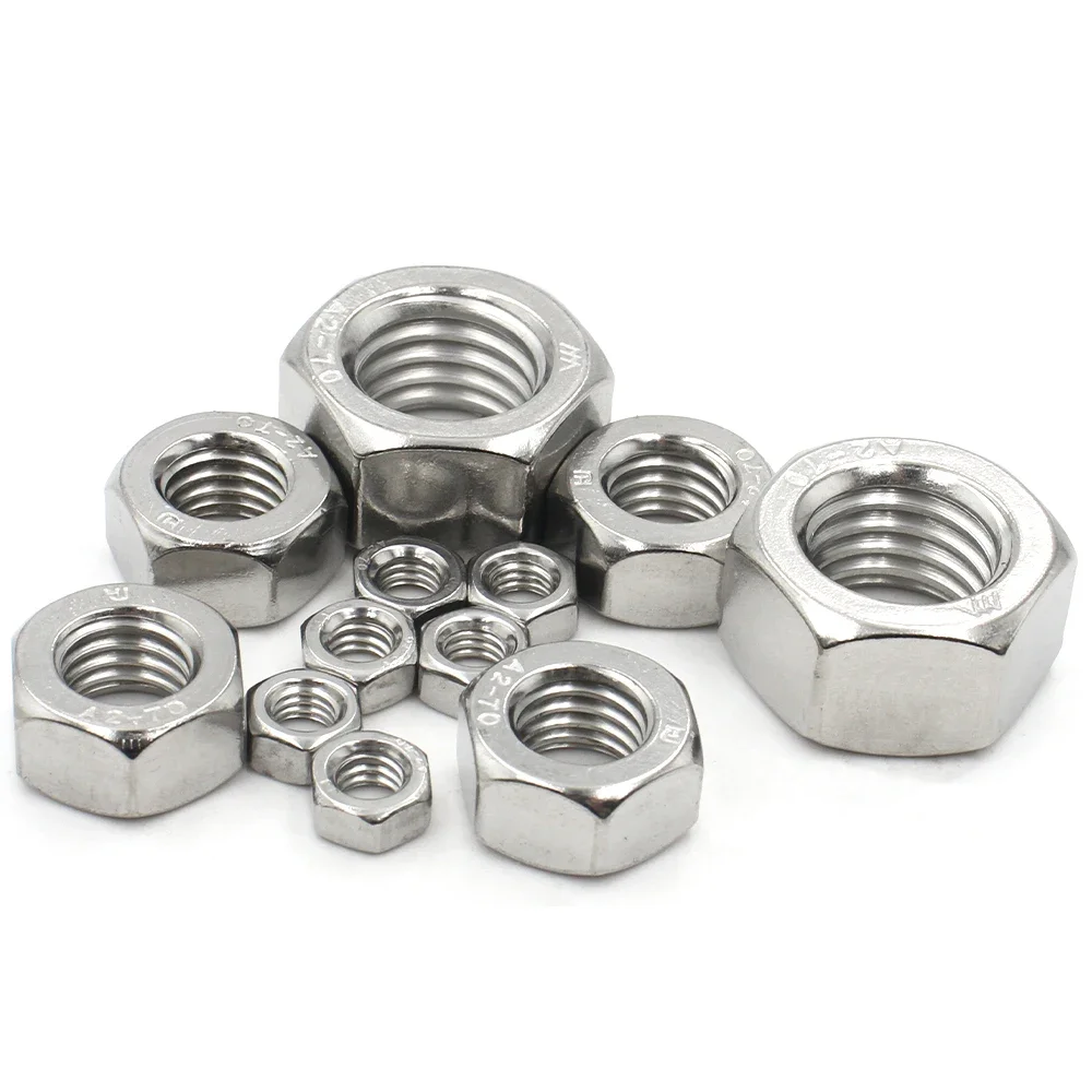 A2-70 304 Stainless Steel Hex Nuts M1-M24 Hexagon Lock Nut Industrial Hardware Fastener Thread Nuts Assorted Size 1-100Pcs