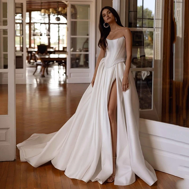 

Strapless Satin Wedding Dresses for Women Pearls Bride Long Formal Evening Gowns