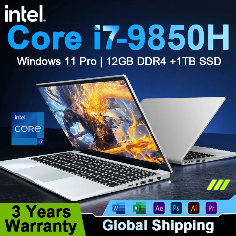 

14.1 inch Ultra Slim Laptop Intel Core i7 9850H 12GB DDR4 2TB SSD Windows 11 Office Study Business Notebook Computer PC Gamer
