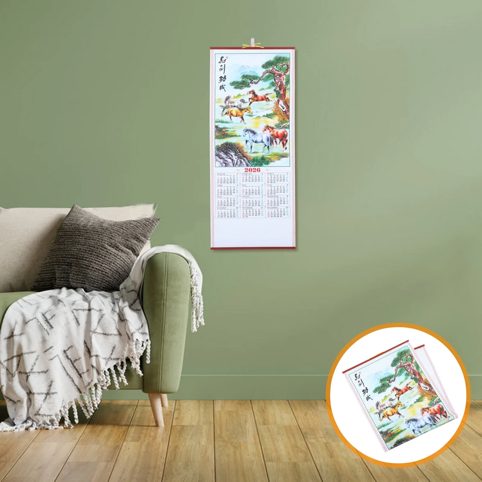 

Настенный свиток в виде лошади, 2026, подвесной лунный календарь из искусственного ротанга, китайское новогоднее украшение для домашнего офиса, настенное искусство с принтом
