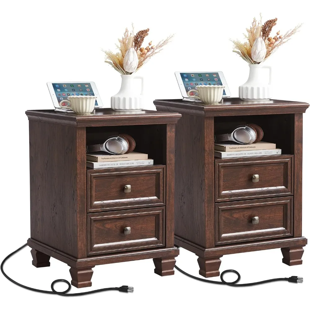 

25 inch Tall Nightstand,Farmhouse Nightstand Set of 2 with Charging Station,2 Drawers End Table for Living Room