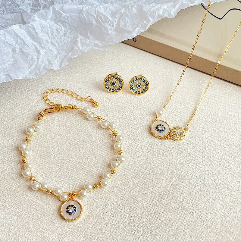 Inlaid Natural Pearl Zircon Necklace Bracelet Earrings Jewellery Set Stainless Steel Octagonal Star Clavicle Chain Trendy Gift