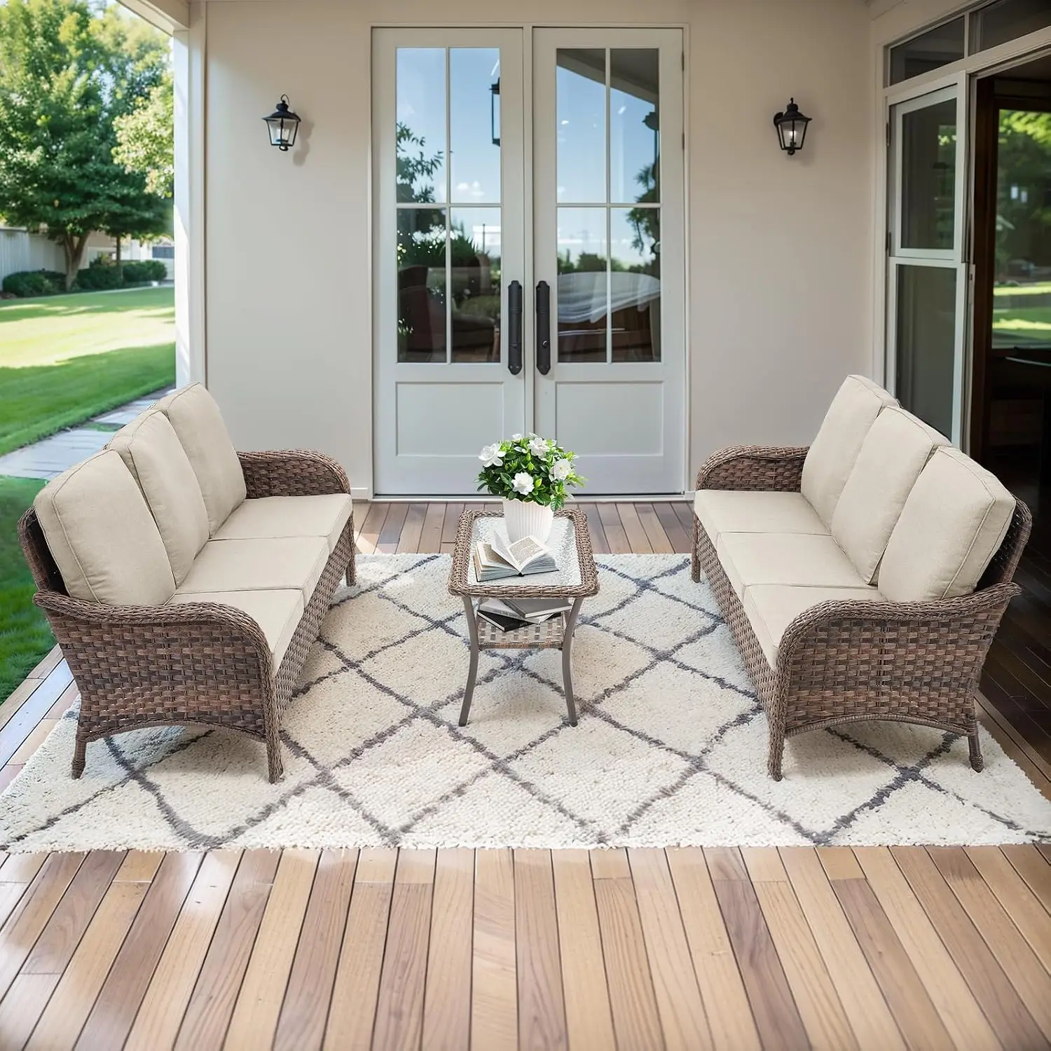 3 PCS Patio Set, 2 Wicker Sofas with Coffee Table, 4-Inch Olefin Cushions & Curved Armrests, 300 lbs Rattan Set for Porch, Garde