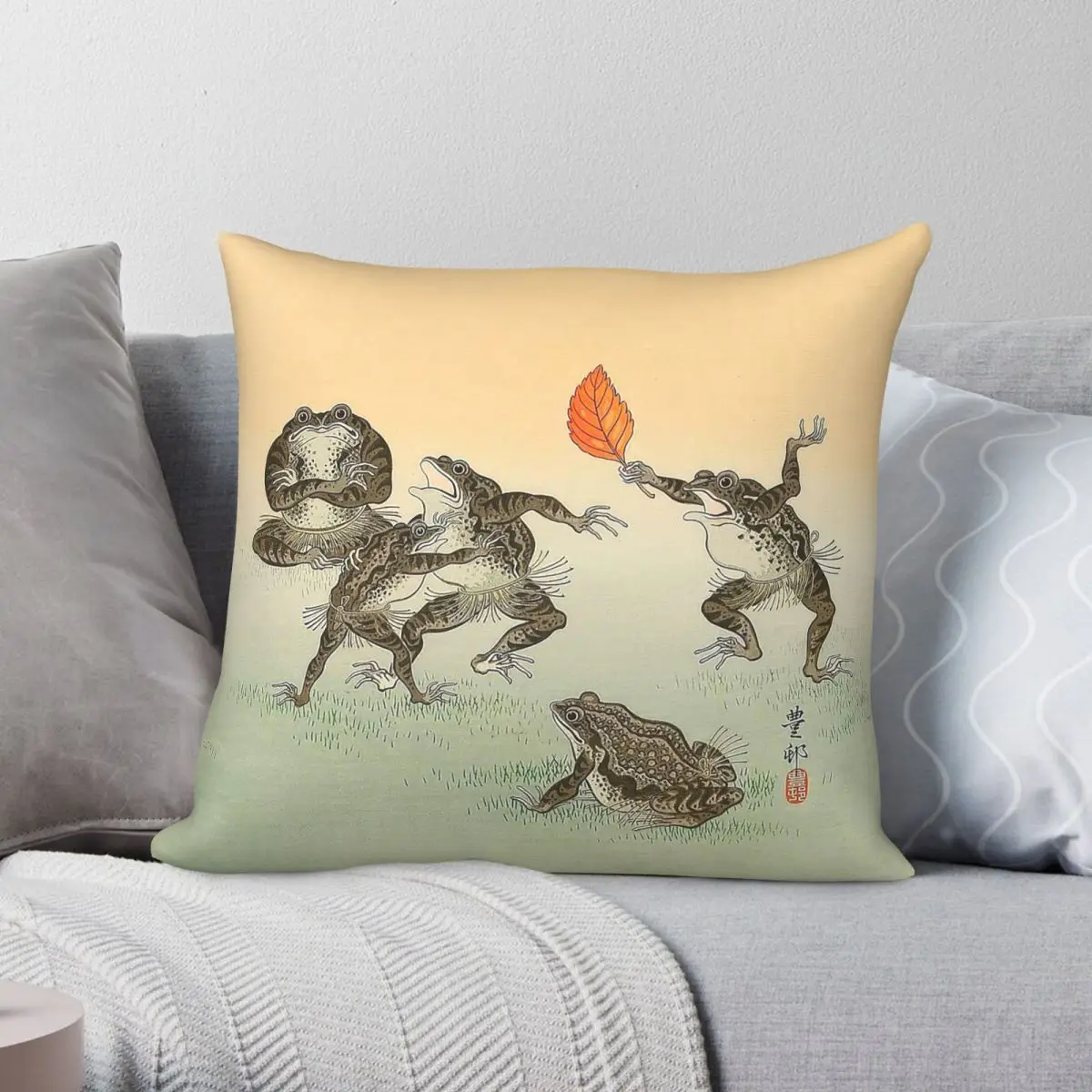 Frog Sumo Wrestlers Ohara Koson Square Pillowcase Polyester Linen Velvet Pattern Zip Decor Pillow Case Home Cushion Cover