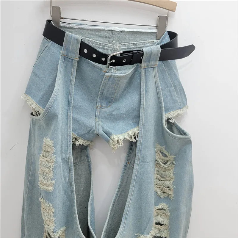 European Design Street Grinding Ripped Jeans Women's Fashion Belt Low Waist Denim Shorts Casual Pants Two-piece Set Y2k Trousers