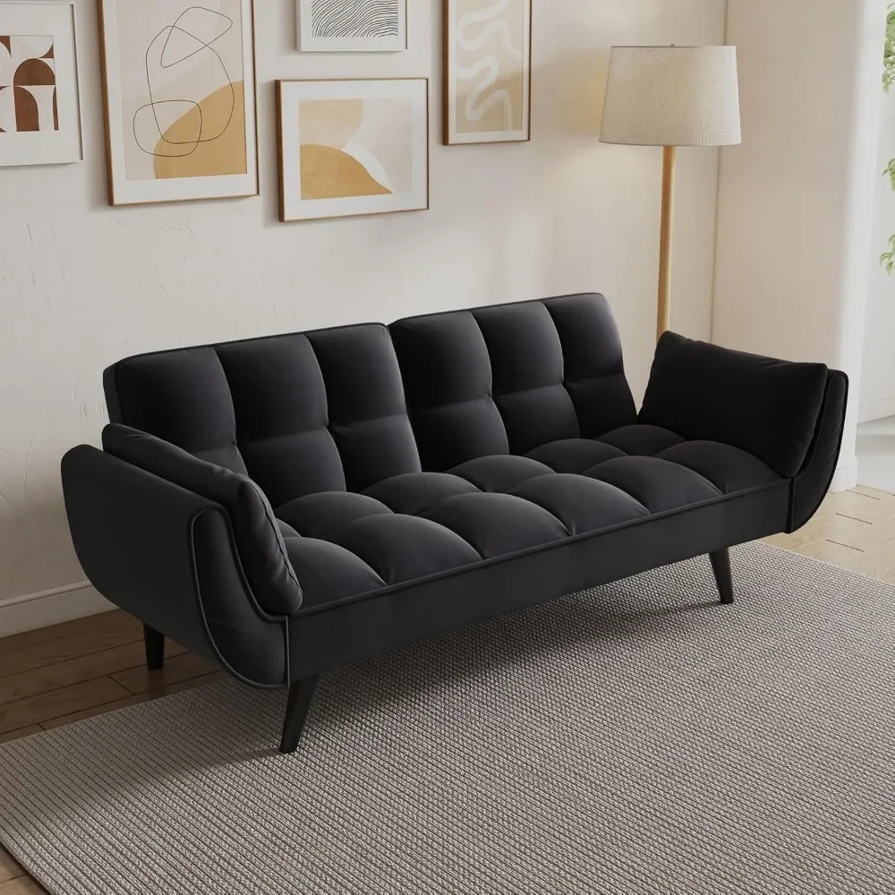 Samt-Futon-Sofa, Couchbett mit 2 Kissen, umwandelbare, klappbare Futon-Couch mit verstellbarer Rückenlehne, Love-Seat-Schlafsofa