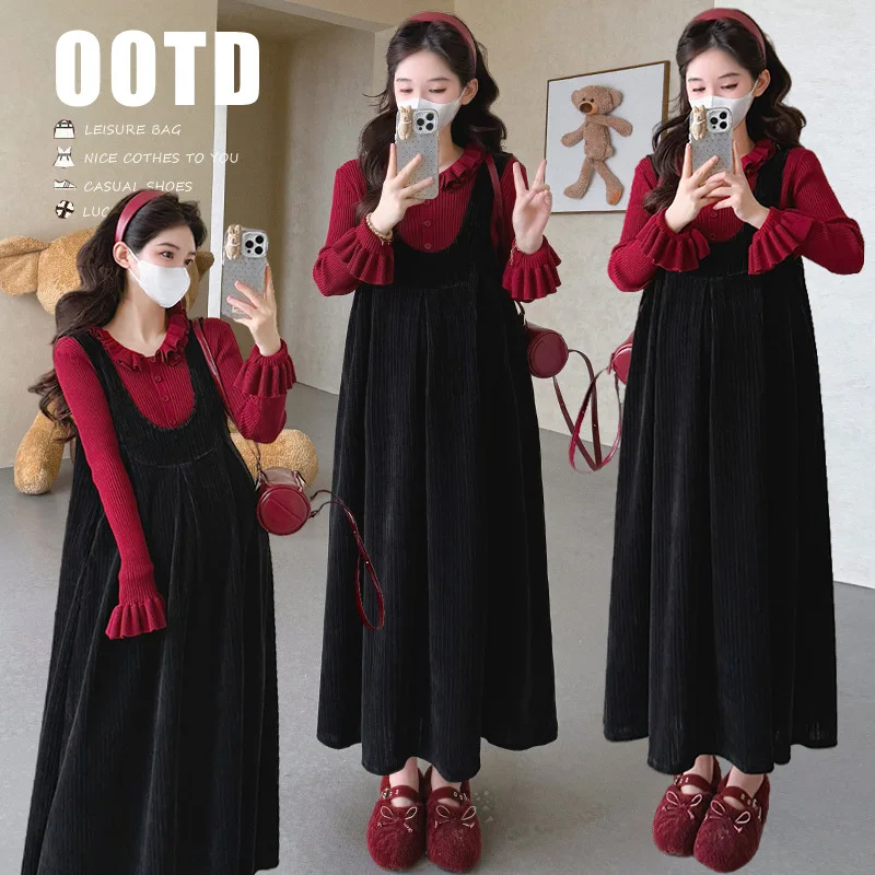 Maternity Autumn Outfit 2025 New Style French Red Long Sleeve Base Shirt and Black Elegant Camisole Dress Two Piece Set