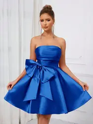 Royal Blue Prom Dresses 2024 with Bow Short Mini Satin Strapless Formal Party Evening Gowns Cocktail Dresses Custom