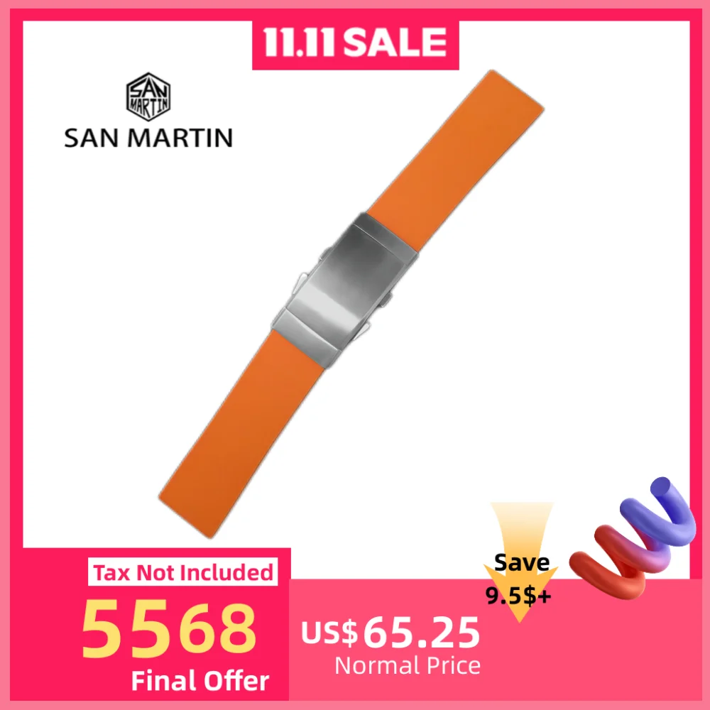 

San Martin Waterproof Fluorine Rubber Strap 20mm 22mm Universal Men Diving Watchband Multicolor Simple Steel Clasp SF0002