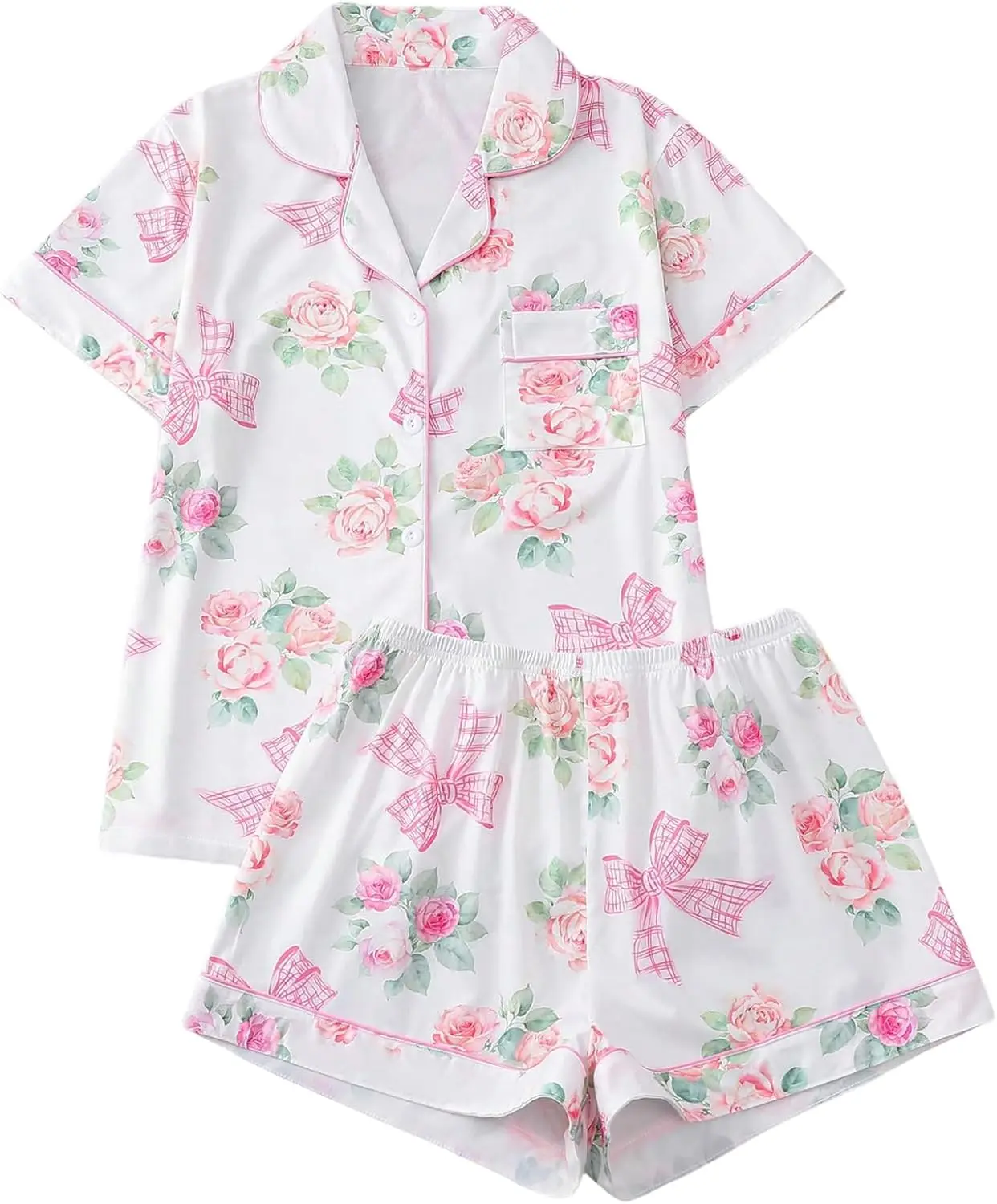 Pigiama floreale da donna con colletto dentellato e stampa pigiama in due pezzi