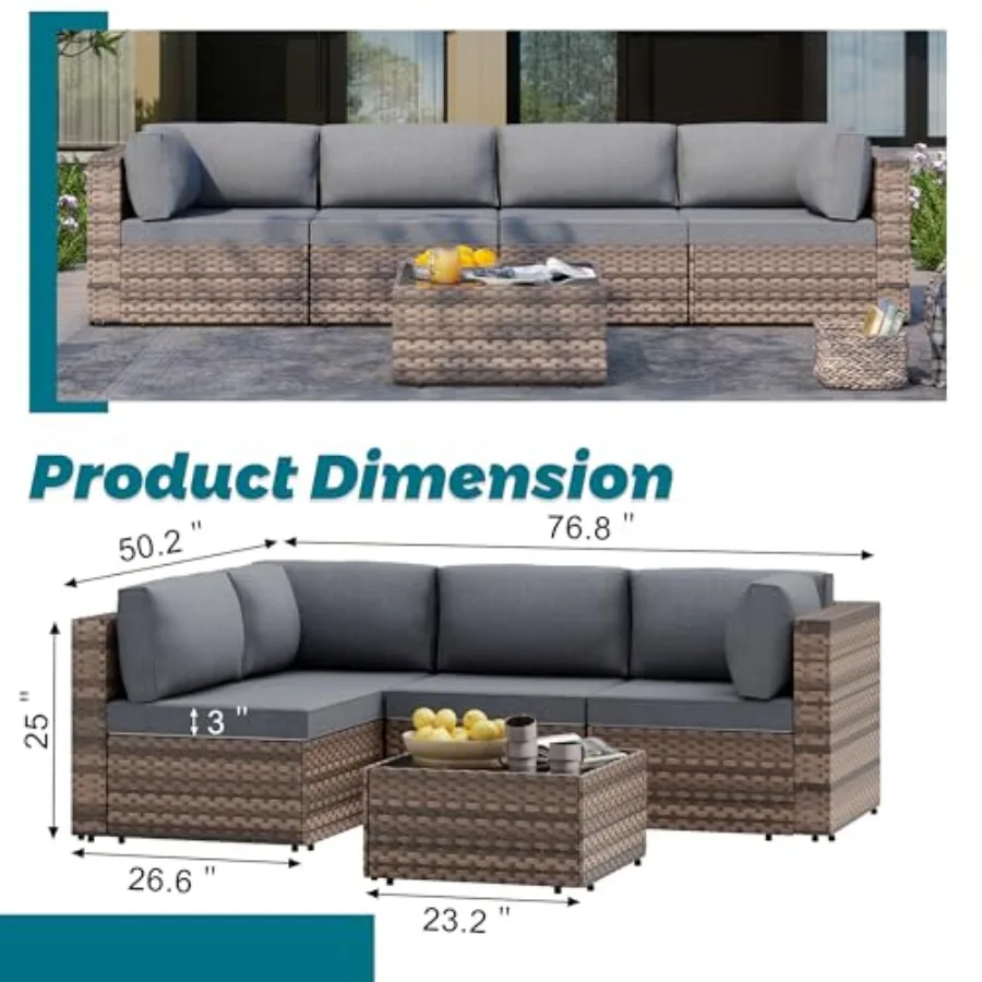 5 Piece Patio Furniture Sets, Low Back All-Weather Rattan Sectional Sofa with Tea TableandWashable Couch Cushions, Patio Furnit