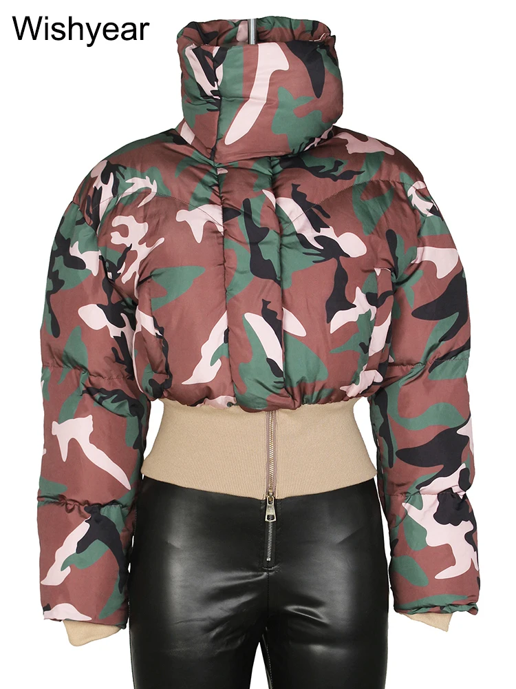 Vintage Women Camouflage Zipper Puffer Jacket Long Sleeve Stand Collar Winter Camo Bubble Cotton Coats Boyfriend Crop Parkas New