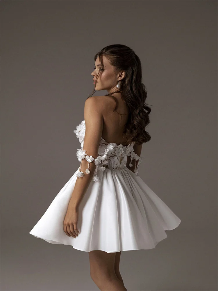 Sexy Off Shoulder  A-Line Satin Mini Wedding Dress Zipper Back Short Bridal Gown With 3D Flowers For Bride vestido de novia