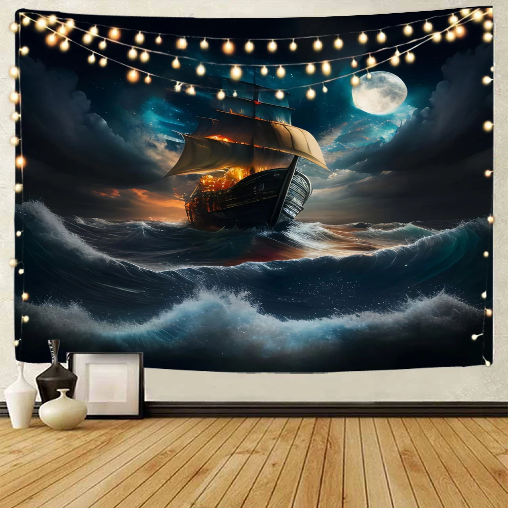 Ocean Sailing Landscape Decoration tapestry Under Moonlight Ocean Sailing Background Decoration tapestry Home Decoration