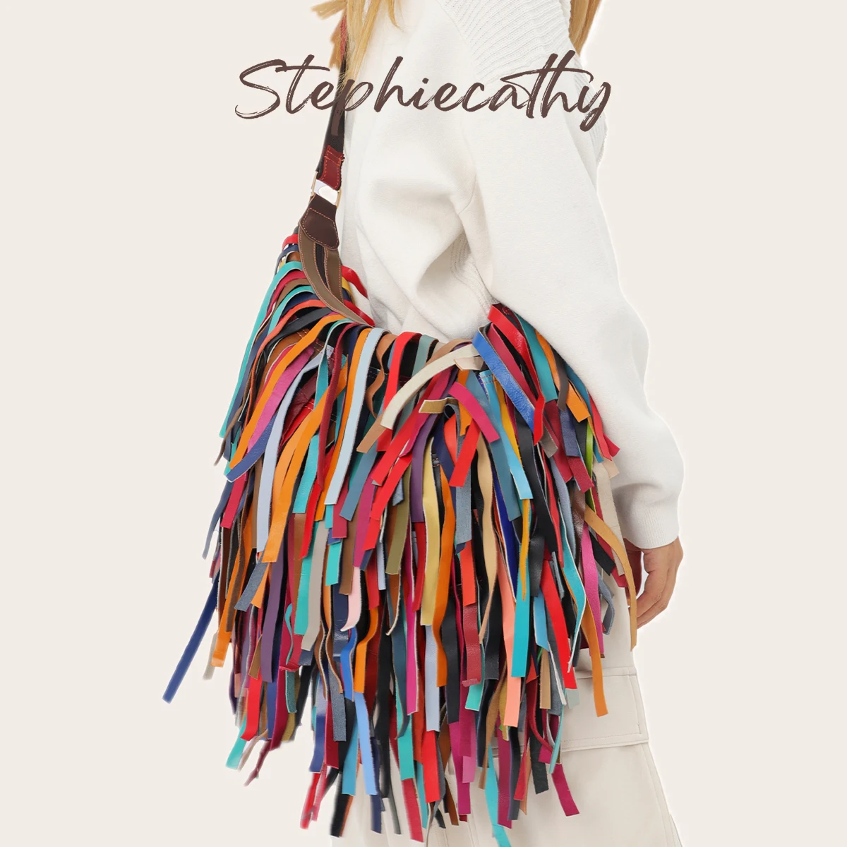 SC Women's Colorful Real Sheepskin Shoulder Bag Large Casual Slouchy Hobo Genuine Leather Tassel Fringe Cross body Purse Bohemia