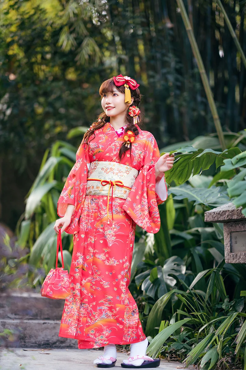 Girl Visit Japan Travel Red Clothing Traditional Improved Edition Kimono Wrinkle Resistant Ironing Free Material Gown Robe FE039