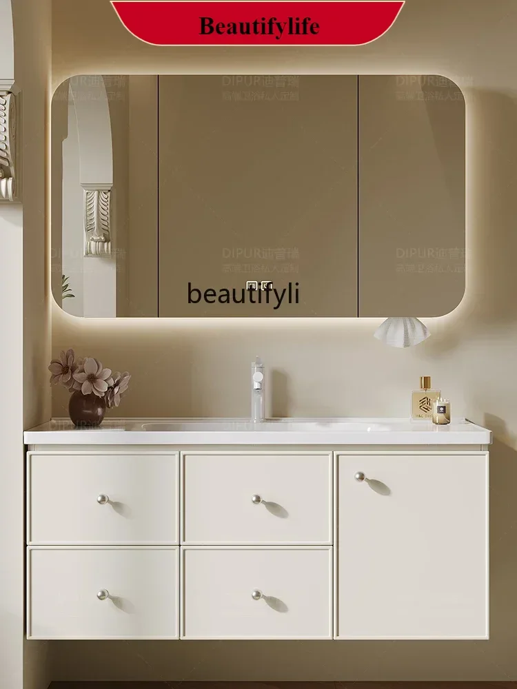 

Oak Bathroom Cabinet Cream Wind Integrated Ceramic Basin Washstand with Side Storage Combined Bathroom Furniture