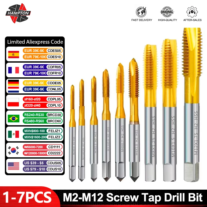 HSS Titanium Coating Screw Tap Drill Bit M2 M2.5 M3 M3.5 M4 M5 M6 M8 M10 M12 Metric Straight Flute Thread Tap Hand Tools