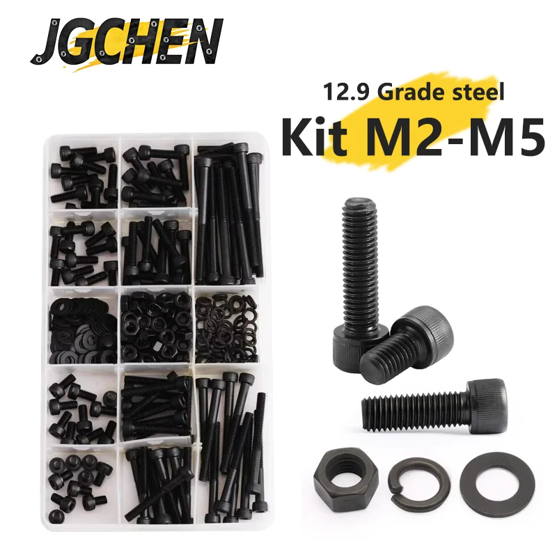 

Socket Head Hex Round Cap Screws M2 M2.5 M3 M4 M5 Bolt Kit Grade 12.9 DIN912 Black Steel Allen Bolts Nuts Washer Assortment Set