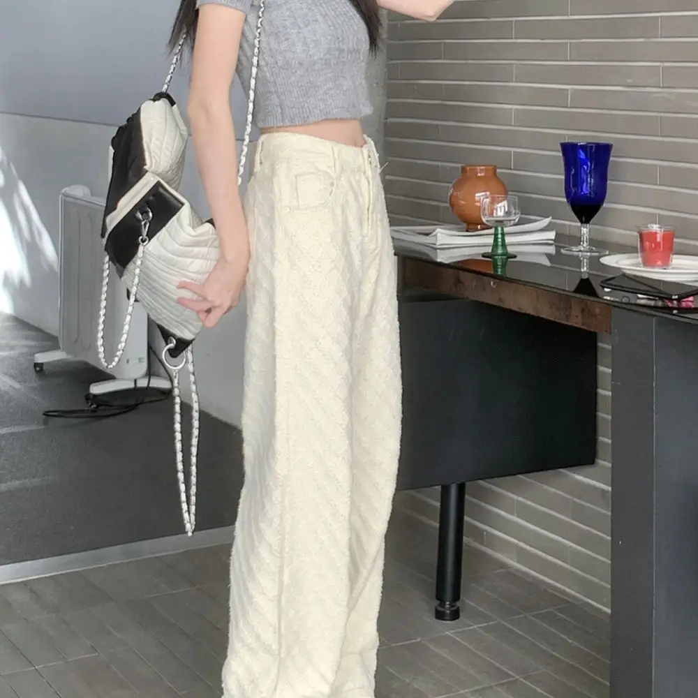 Chic White Wide Leg Denim Jeans Women High Waist Textured Diamond Jacquard Pants Aesthetic Casual Slimming Streetwear