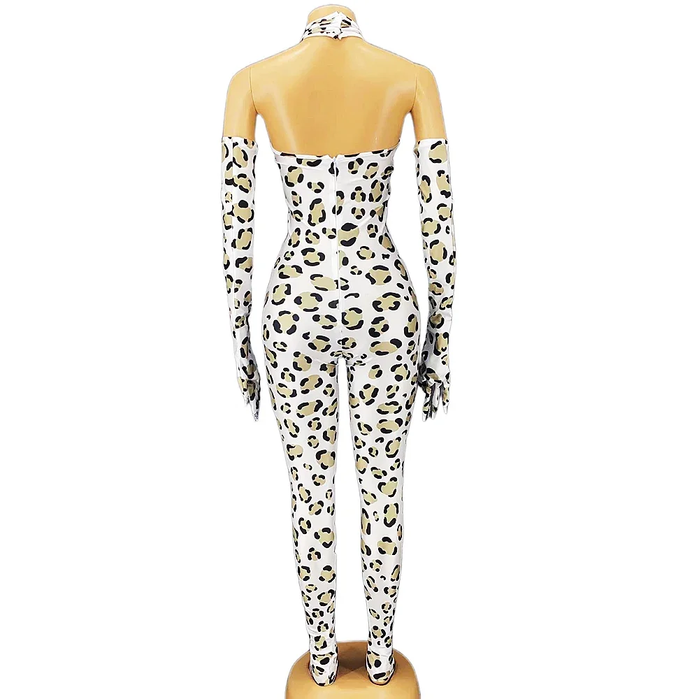 White Leopard Sexy Halter Cross Backless Gloves Jumpsuits For Women Nightclub Party Cloth Carnival Drag Queen Costumes