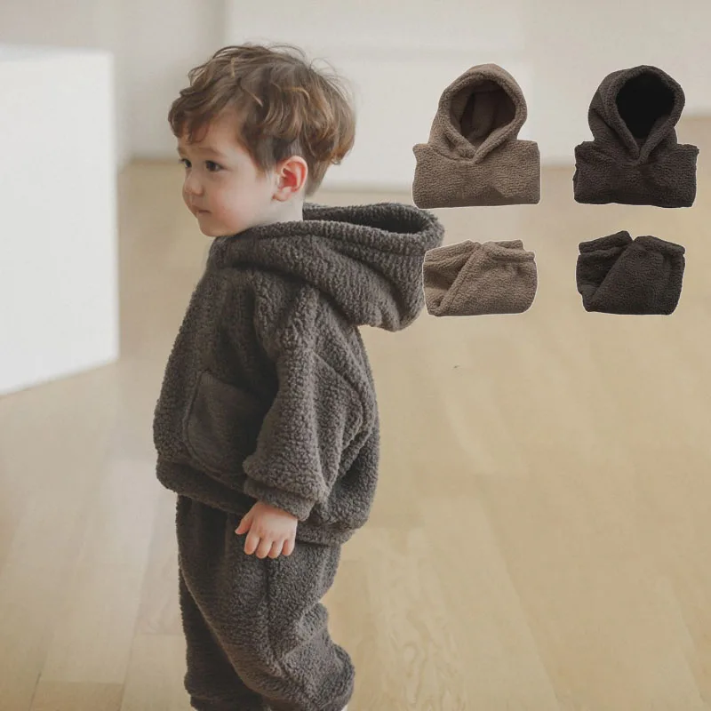 

Autumn Winter Baby's Sets Thicken Warm Plush Children's Set for Boys Girls,Soft Warm Thick Hooded Sweater Pants Two Piece Set