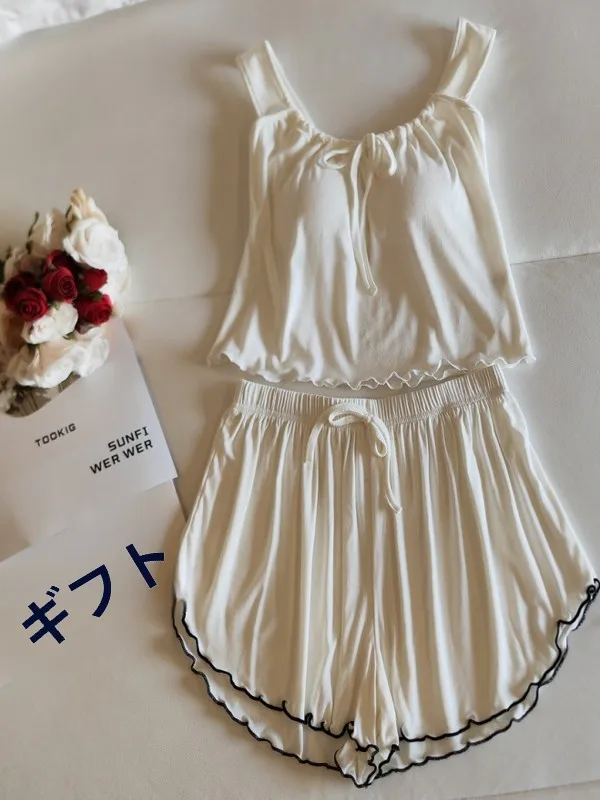 モーダル素材の女性用サマースリップショーツ上下セット、四季対応薄手で可愛い、ネットで人気のスタイル、胸パッド付きホームウェア 1