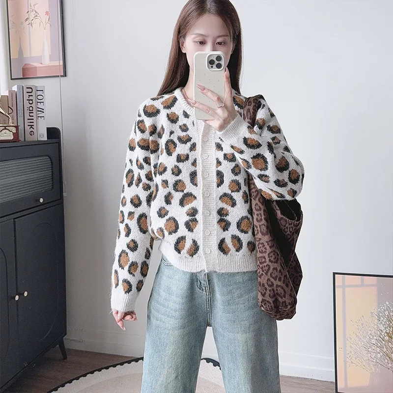 Leopard Print Knitted Cardigan for Women Lazy Style Fashion Round Neck Long Sleeve Soft Sweater Coat Autumn Female Loose Tops