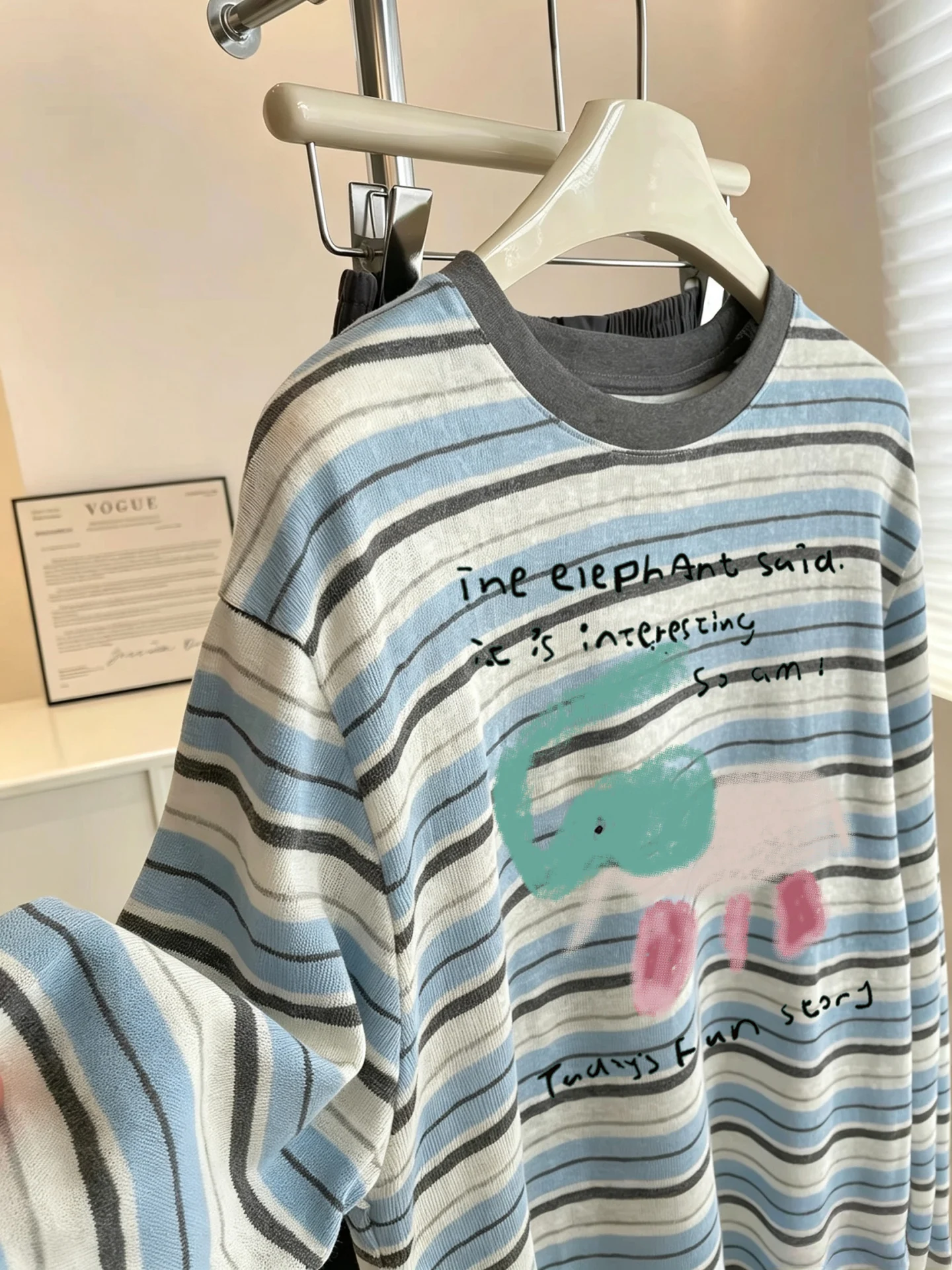 Loose Long Sleeve round Neck T-Shirt Women's Casual Comfortable Cotton Base Shirt Korean Style Striped Print Slimming Effect