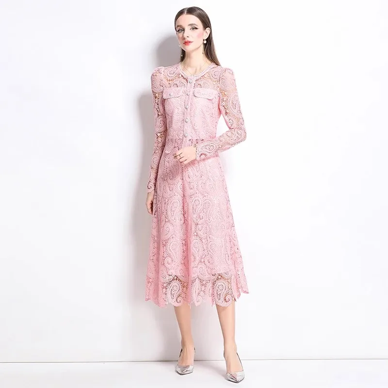 Dames Kant 2-delige set Damesoutfits Mode Parelknopen Korte mouw Blouse + A-lijn midi-rok Past Vrouwelijke zomerkleding
