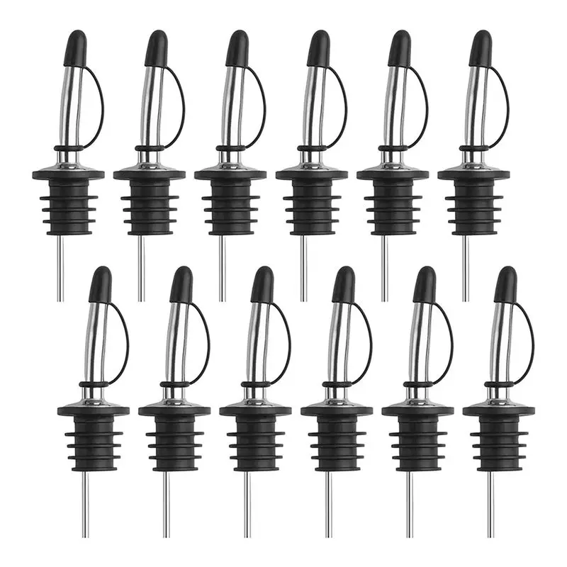 12 Pack Stainless Steel Classic Bottle Pourers Tapered Spout - Liquor Pourers With Rubber Dust Caps Black-A27R
