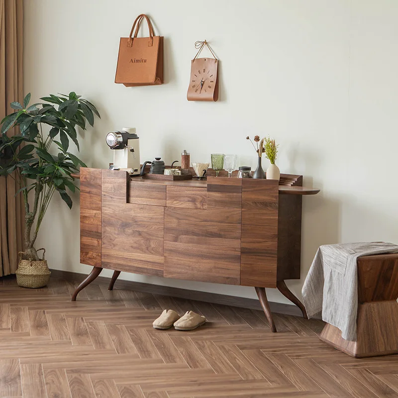 Italian wabi-sandy wind solid wood side cabinet minimalist North American black walnut special-shaped tea cabinet storage