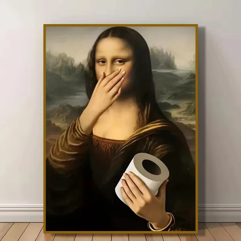 Humorous Bathroom Mona Lisa Hand-Held Toilet Paper Canvas Poster Printing Funny Bathroom Wall Art Paingtings for Rooms Decor