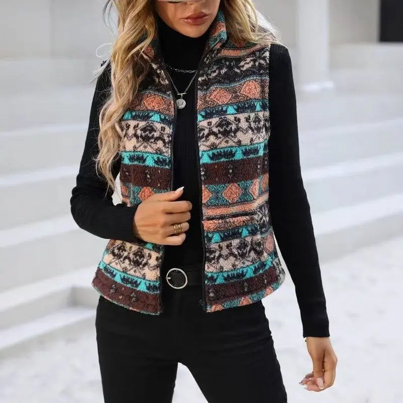 

Autumn Winter Plu Zipper Casual Women's Vest Double Sided Ethnic Print Polyester Fiber 90% Other Material 0% Princ Sle