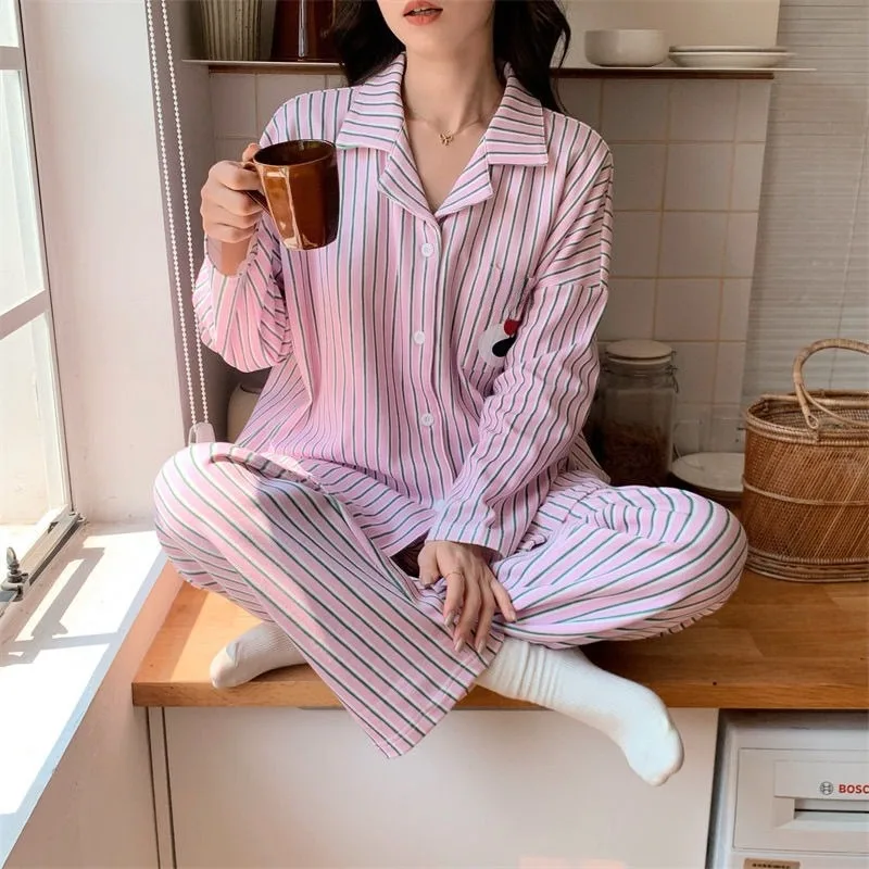 Spring or Autumn Long Sleeve Trousers Striped Pajamas New Casual Cardigan Ladies Cartoon Home Suit Can Be Worn Outside Sleepwear