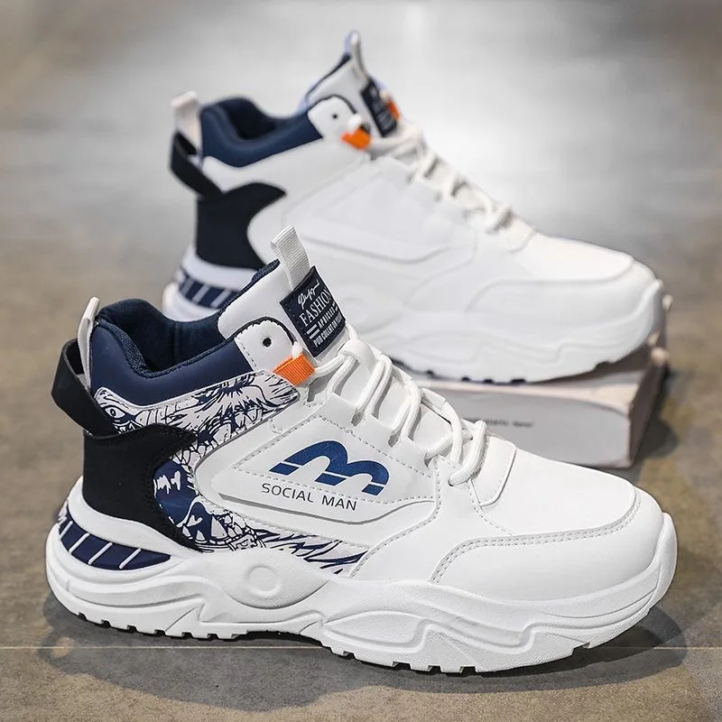 Men's Spring Breathable High Top White Sports Shoes Trendy All-Match Thick Sole Leisure Dad Sneakers