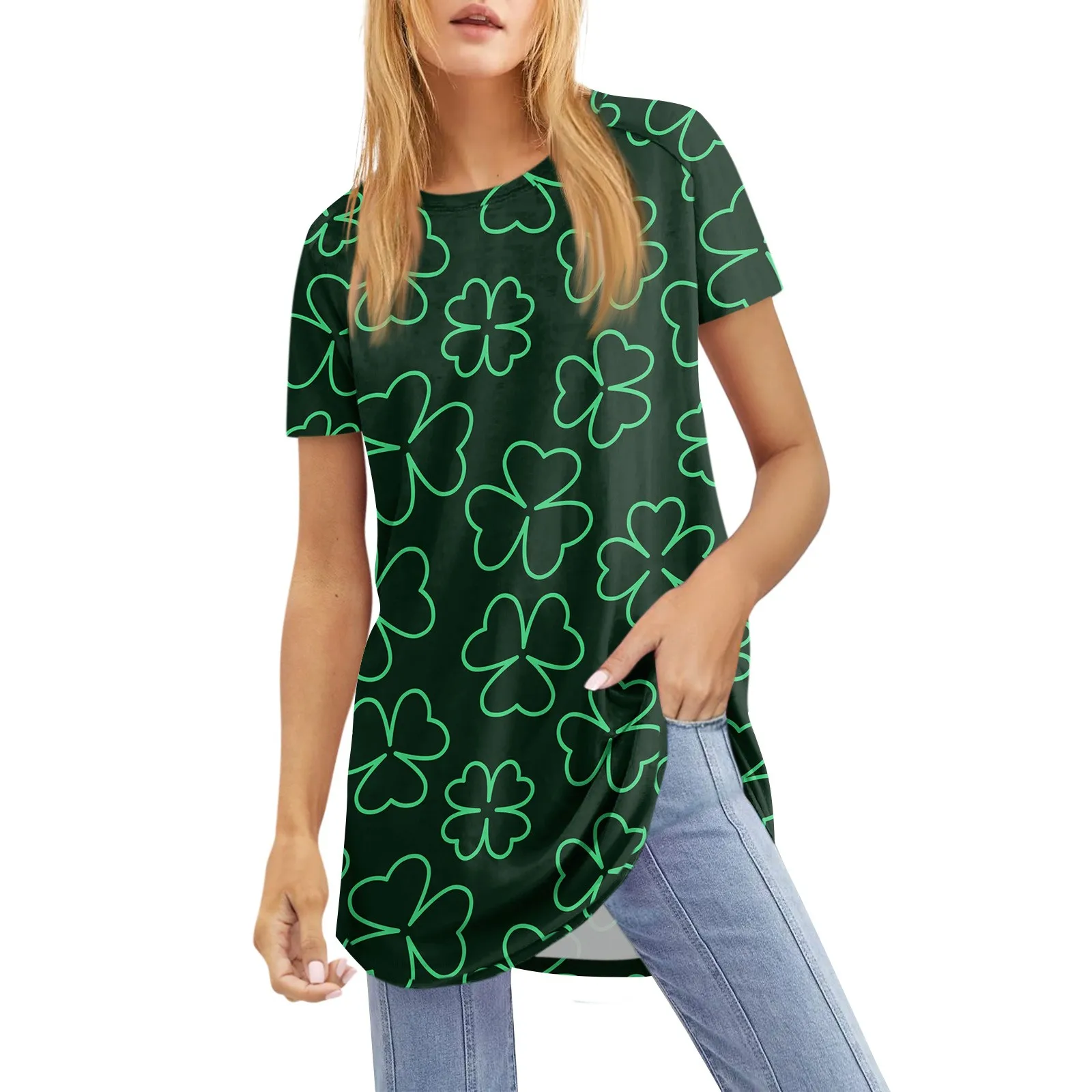 Women's T Shirt Clovers Print T Shirt Women Fashion Round Neck T-shirts Short Sleeve Tops Tees St Patrick’s Day Tops Women