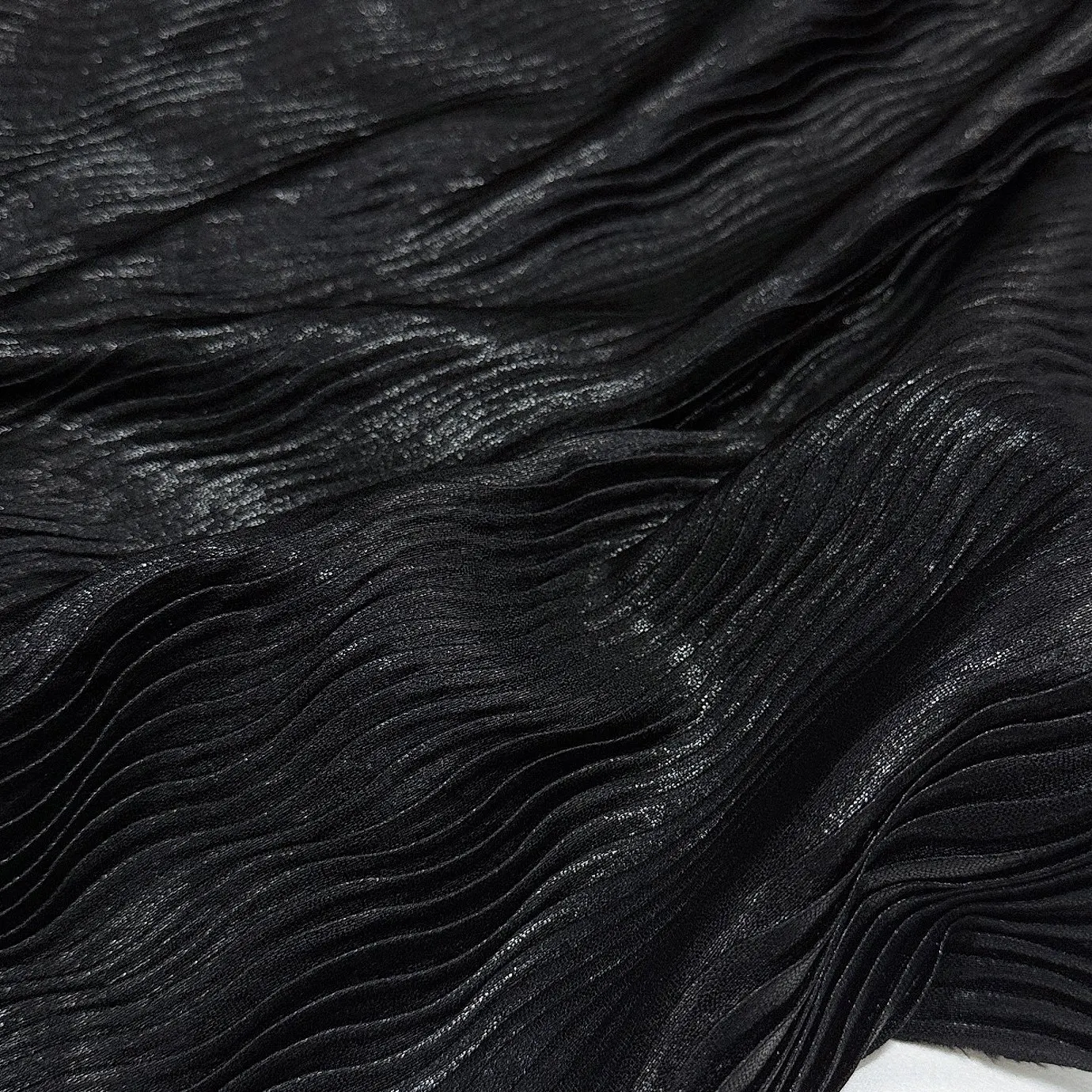 Black Glossy Composite Viscose Lining Water Ripple Pleated Texture Fabric Dress Skirt Crumpled Designer Fabric DIY Sewing Telas