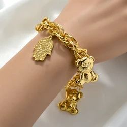 Dubai 18K Gold Color Link Chain Bracelets Cute Teddy Bear Fatima Hand Charms Hand Chain For Women Wedding Party Gifts