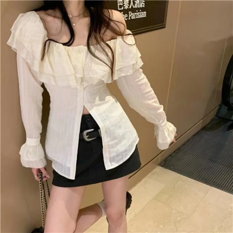 2024 Autumn Chic Fashion Blouse Ruffled Neck Vintage Solid Elegant Shirt All Match Casual Blusas Mujer De Moda
