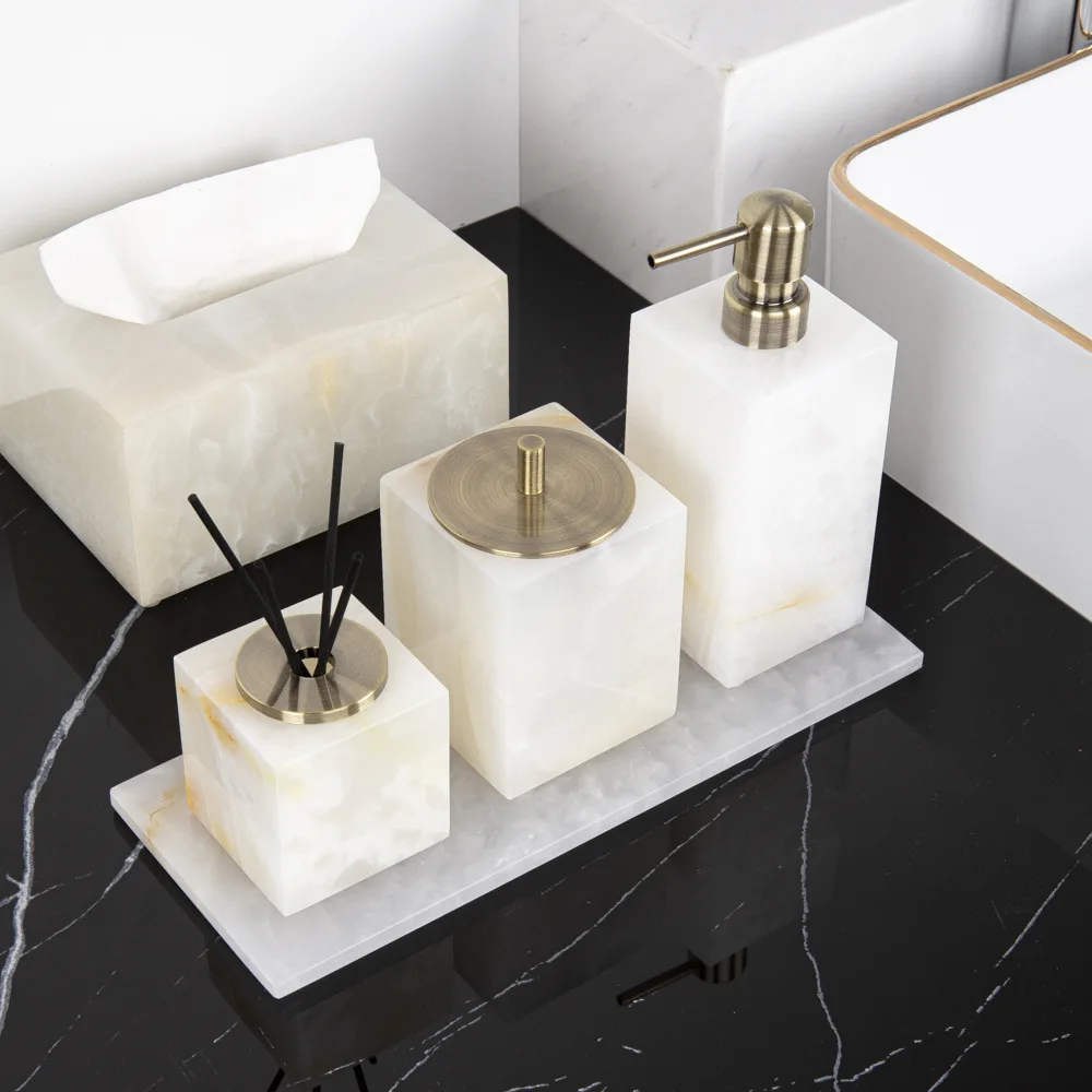 White Onyx Natural Marble Set for Bathroom Luxury Soap Dispenser Toothbrush Holder Tissue Box Tray Bathroom Set