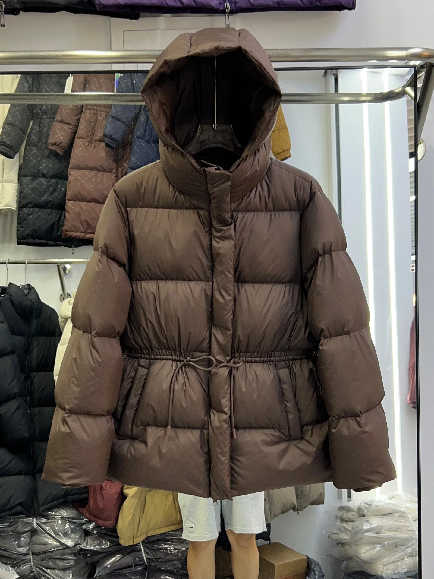 

New White Duck Down Jacket for Women Medium Length Thickened Snow Parka Drawstring Slimming Puffer Hooded Bread Jacket
