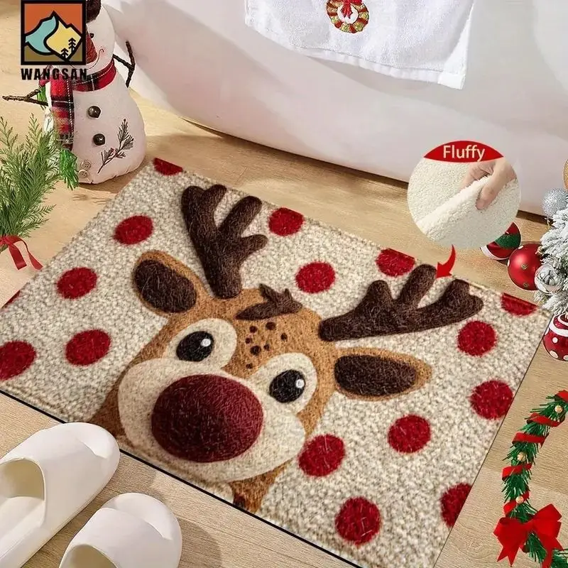 VIKAMA Reindeer Face Door Mat Red Polka Dot Print Non Slip Rug For Entryway Front Door Christmas Cute Holiday Decor