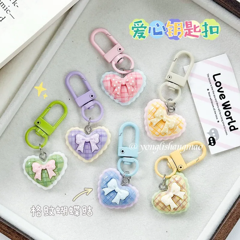 Heart Bow Keychain for Women Cute Resin Bag Charm Couples Key Chains Korean Fashion Students Small Gift Accessory