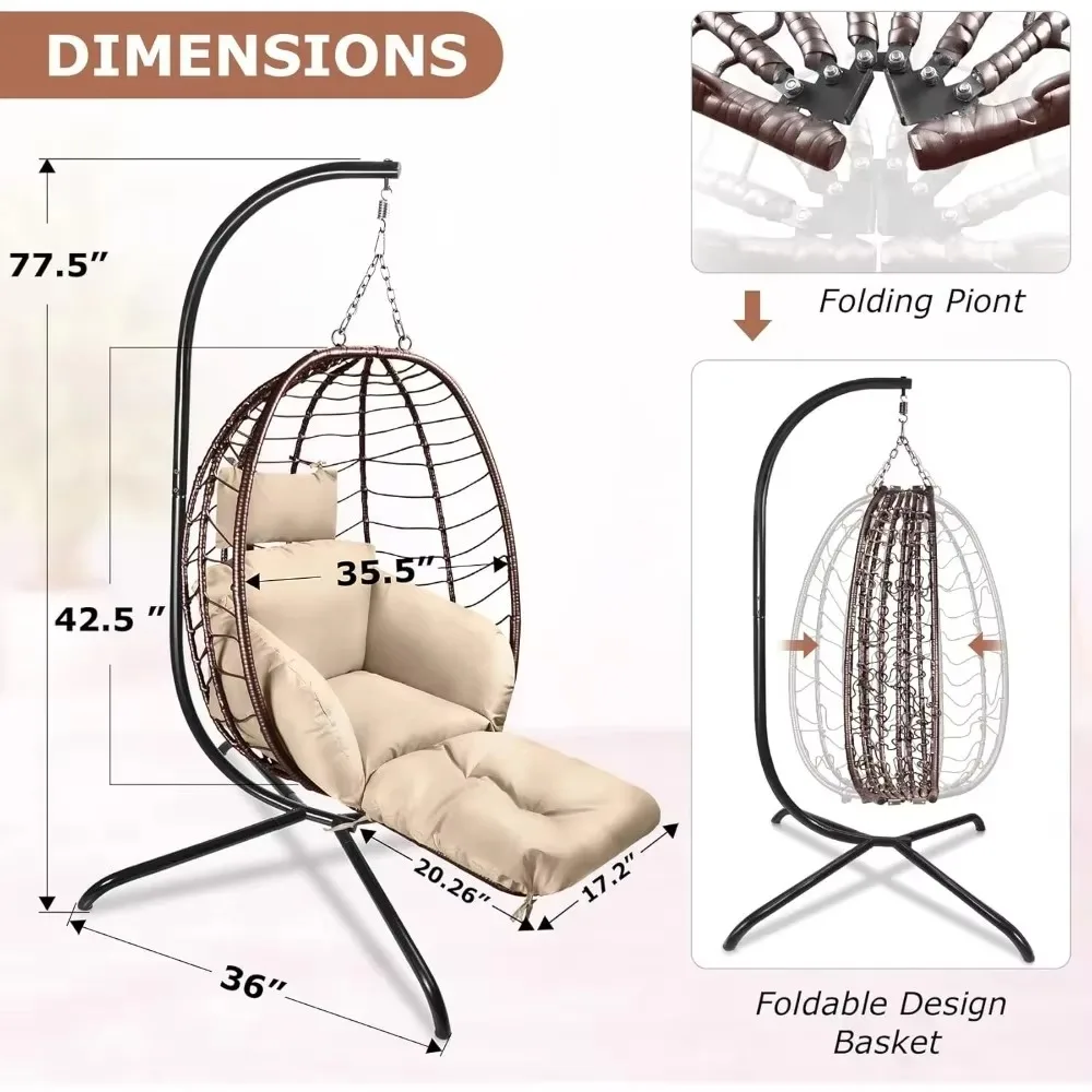 Egg Chair with Stand&Foot Rest,Wicker Hanging Swing Chair Outdoor Hammock Basket Chair with Cushion Headrest for Bedroom Porch