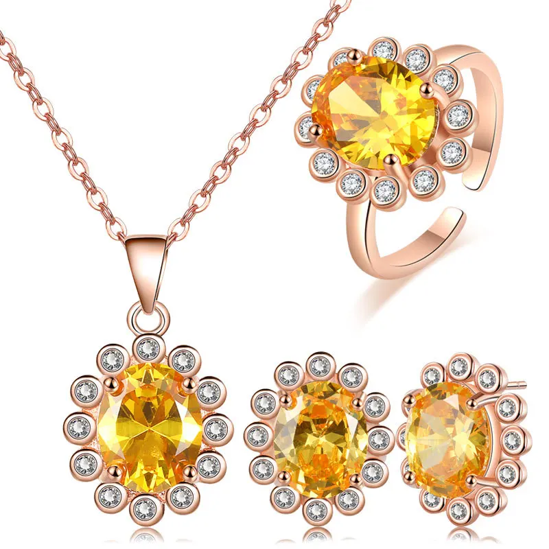 Shiny Sunflower Three Piece/Set Luxury Exquisite Zircon Ring Necklace Earrings 925 Silver Rose Gold Jewelry For Women KOFSAC